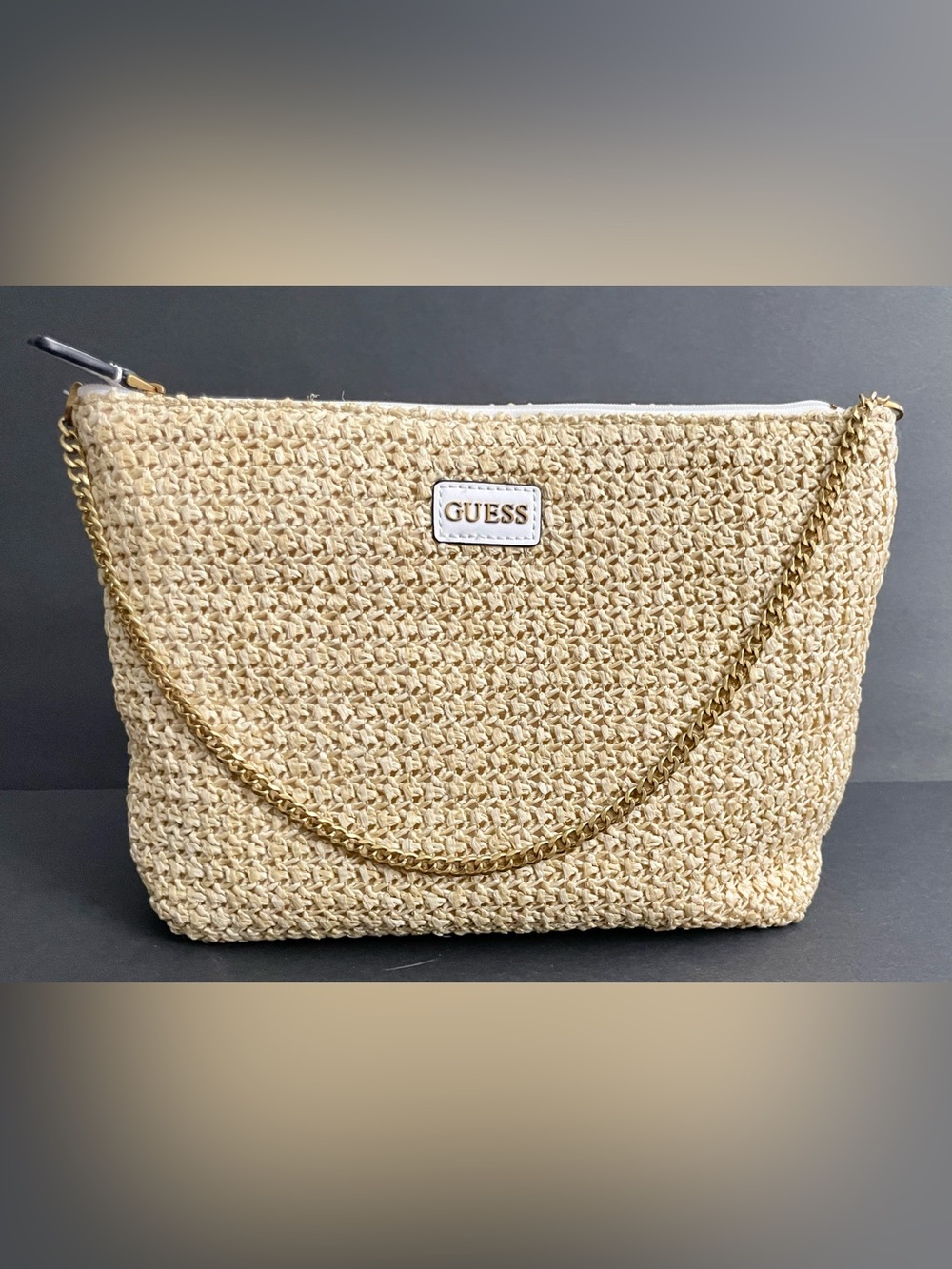 GUESS Natural Beige Woven Clutch with Gold Chain